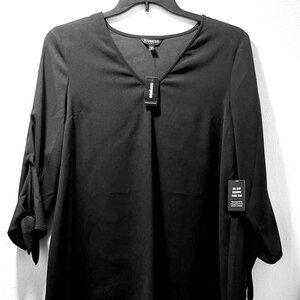 NWT Express Women's Black Dress V-Neck Cut & Tie Sleeves - Medium